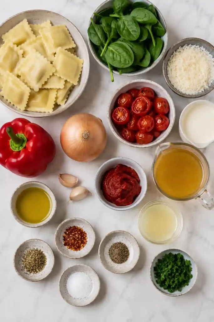 Creamy Tomato Ravioli served in a skillet with roasted cherry tomatoes, baby spinach, red pepper, and Parmesan. The ravioli is coated in a rich, silky tomato cream sauce and finished with fresh parsley.