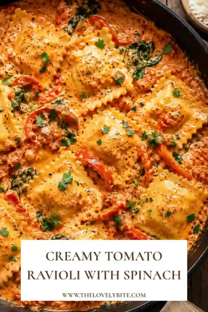 One-pan ravioli served with creamy tomato sauce, red bell pepper, baby spinach, roasted cherry tomatoes, and Parmesan cheese. The dish has a warm, colorful, and comforting appearance.