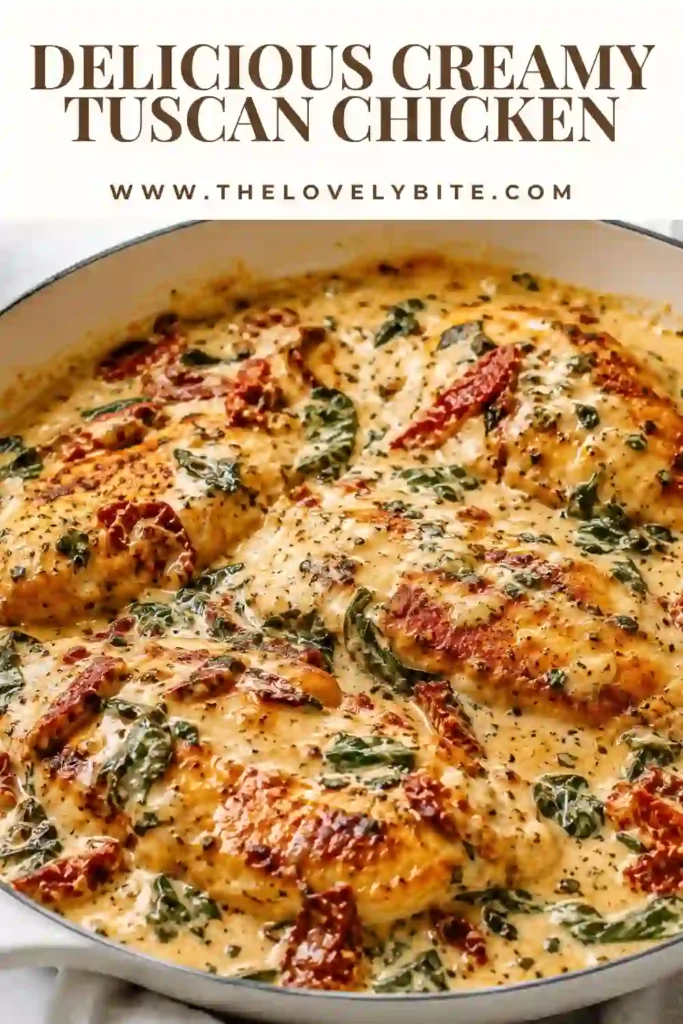 A skillet of Creamy Tuscan Chicken featuring tender chicken breasts, wilted spinach, sun-dried tomatoes, and creamy garlic Parmesan sauce. The colorful ingredients create an inviting Italian-inspired chicken dinner.