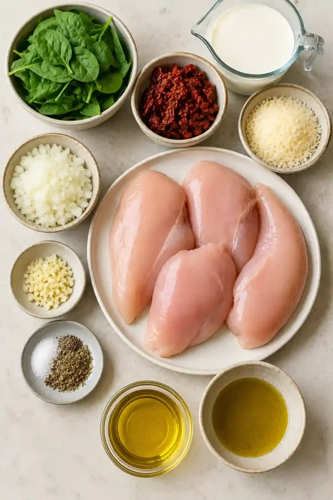 Creamy Tuscan Chicken with golden seared chicken breasts in a rich Parmesan cream sauce with spinach and sun-dried tomatoes. The skillet shows tender chicken surrounded by a creamy garlic sauce and colorful vegetables.