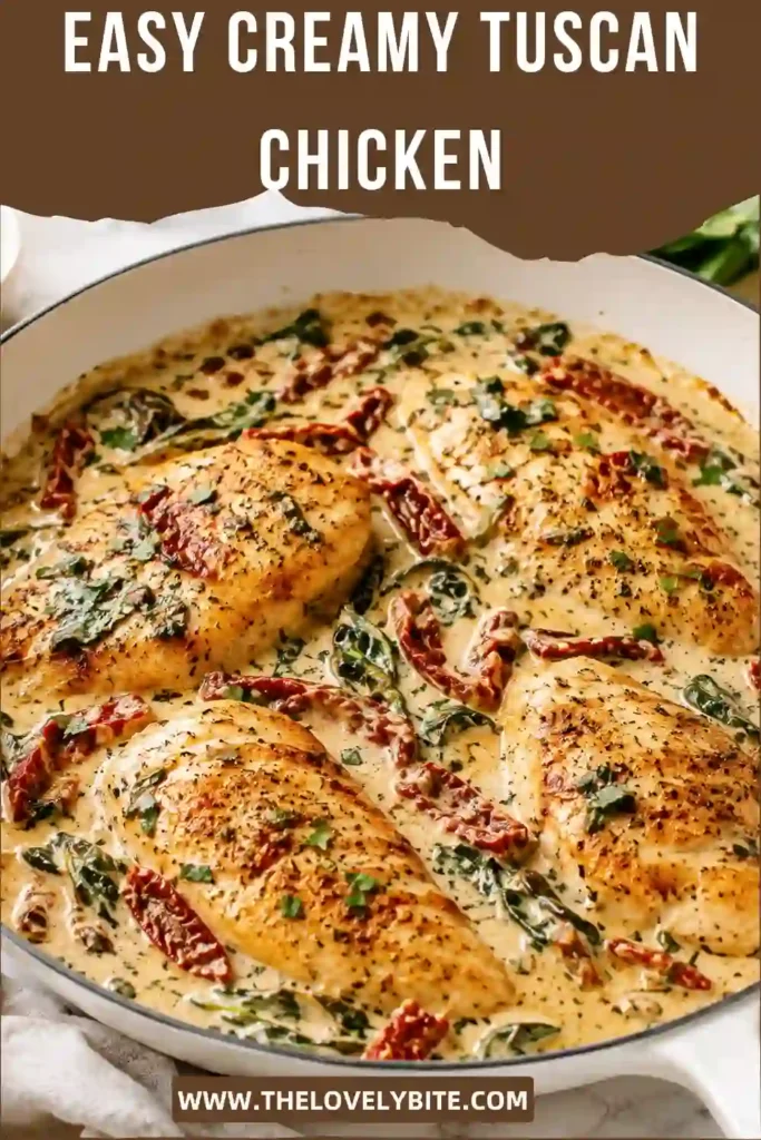 Creamy Tuscan Chicken served in a skillet with tender seasoned chicken, spinach, sun-dried tomatoes, garlic, and Parmesan cream sauce. The creamy chicken dinner has golden edges and a rich, savory finish.