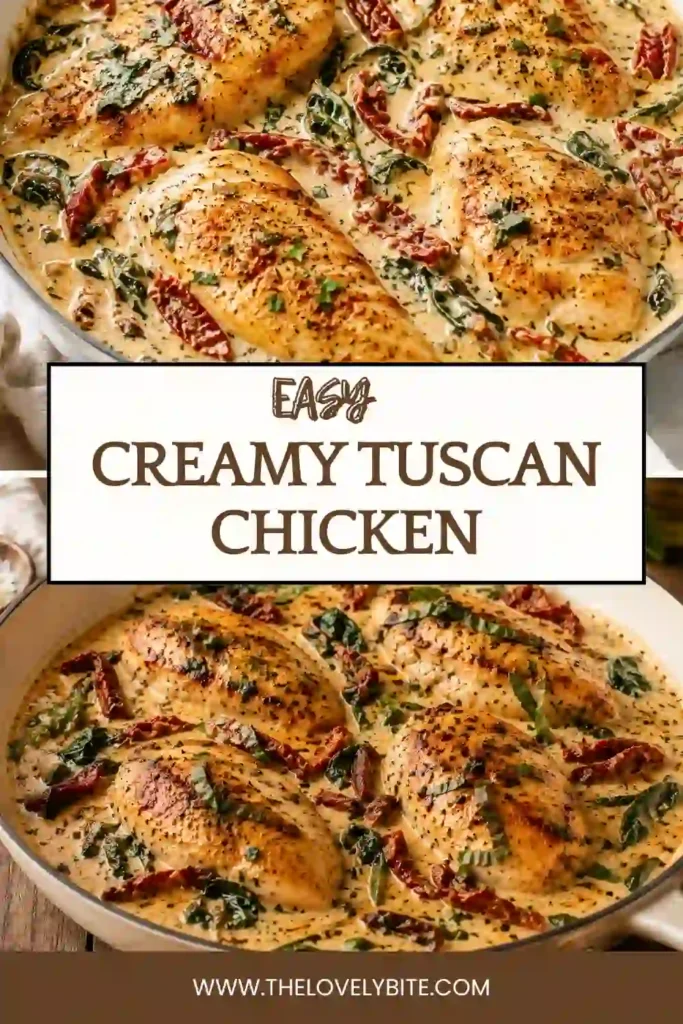 Creamy Tuscan Chicken with succulent chicken breasts coated in a creamy Parmesan sauce and served with spinach and sun-dried tomatoes. The one-pan chicken dinner looks rich, warm, and comforting.