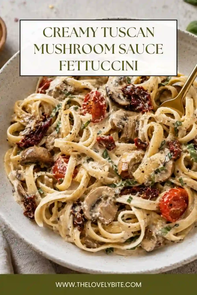 Mushroom fettuccini tossed with creamy Parmesan sauce, wilted spinach, sun-dried tomatoes, and roasted cherry tomatoes. The pasta is rich, colorful, and filled with Italian-inspired flavors.