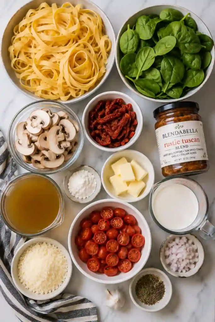 Creamy mushroom pasta served with fettuccini, sautéed mushrooms, spinach, and tomatoes. A velvety Parmesan sauce coats the noodles for a comforting Tuscan-inspired dinner.