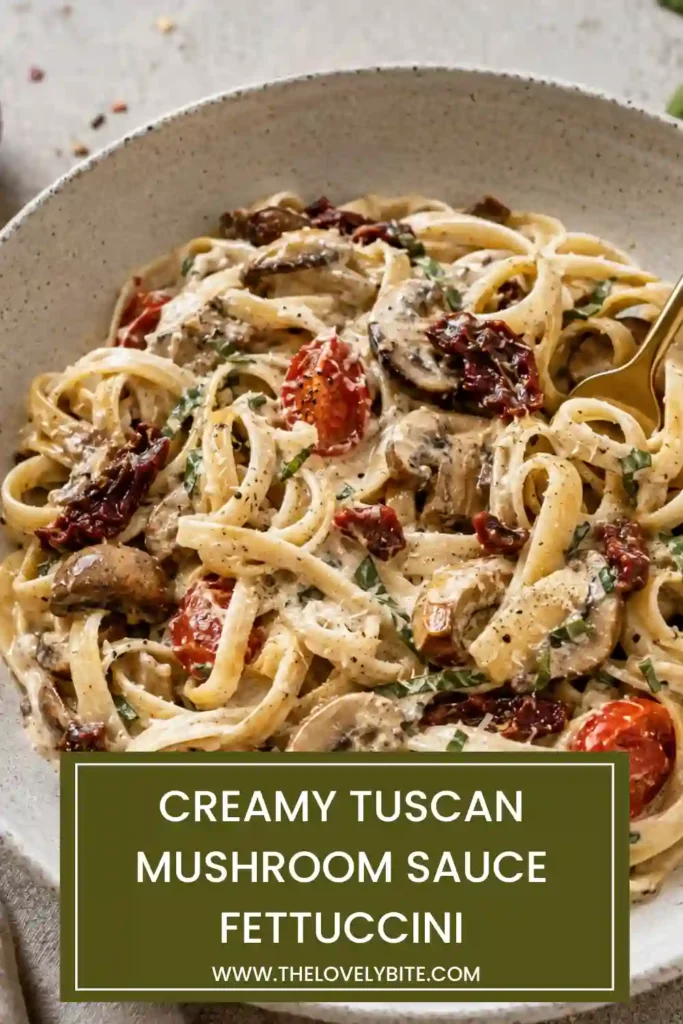 Creamy Tuscan mushroom pasta featuring fettuccini noodles in a silky Parmesan sauce with mushrooms and fresh spinach. Roasted cherry tomatoes add bright color and juicy texture.