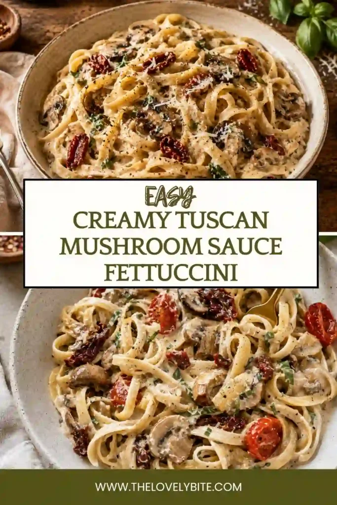 Creamy Tuscan Mushroom Sauce Fettuccini with sautéed mushrooms, spinach, sun-dried tomatoes, and roasted cherry tomatoes. Tender fettuccini is coated in a rich Parmesan cream sauce.
