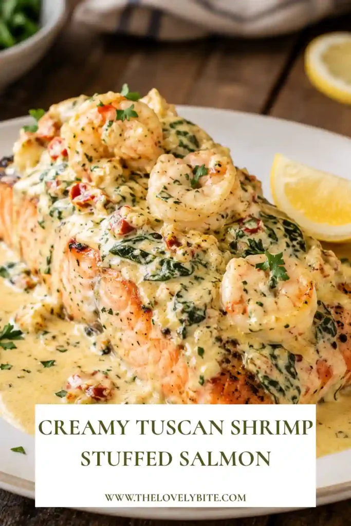 2. Creamy Tuscan Shrimp Stuffed Salmon served with tender shrimp, wilted spinach, and garlic Parmesan sauce. The golden baked salmon makes an elegant seafood dinner.