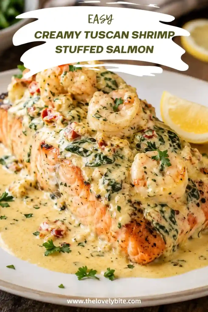 3. Shrimp stuffed salmon filled with creamy spinach and cheese and topped with garlic shrimp. Rich Parmesan cream sauce surrounds the flaky baked salmon.