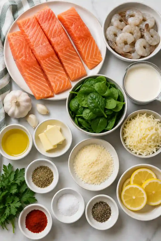 4. Garlic Parmesan salmon stuffed with spinach and mozzarella, then topped with juicy shrimp. This creamy Tuscan salmon is finished with parsley and fresh lemon.