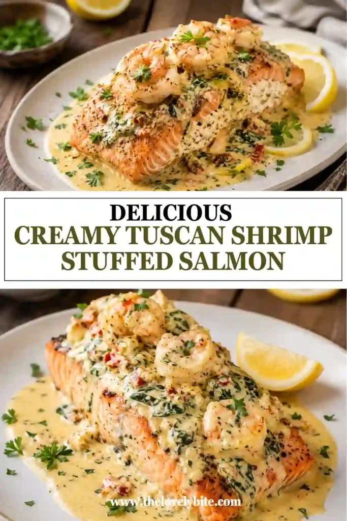 1. Creamy Tuscan Shrimp Stuffed Salmon topped with garlic shrimp and rich Parmesan cream sauce. The baked salmon is filled with spinach and melted cheese and garnished with fresh parsley.