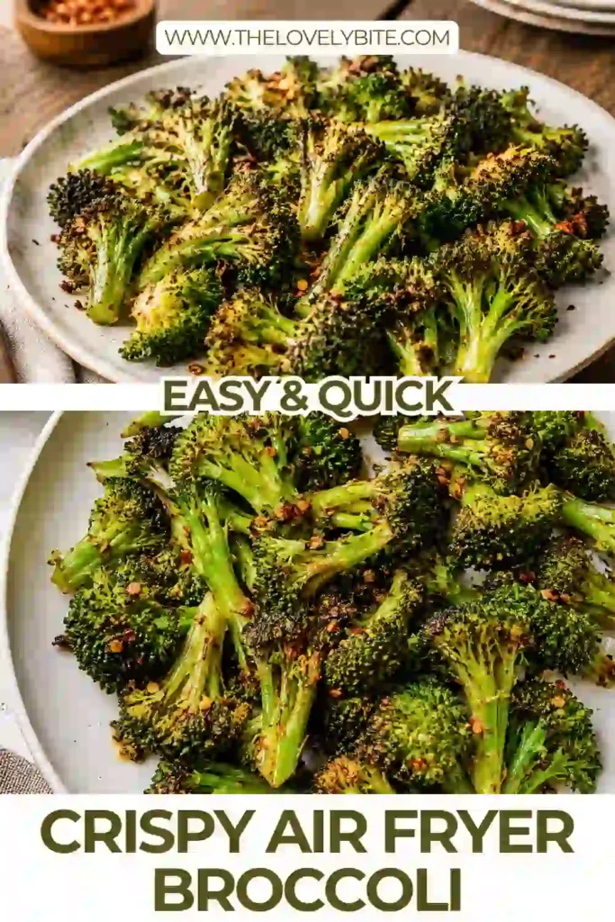 Crispy Air Fryer Broccoli served with browned, lightly charred edges and tender green centers. This easy air fryer broccoli recipe uses olive oil and simple seasonings.