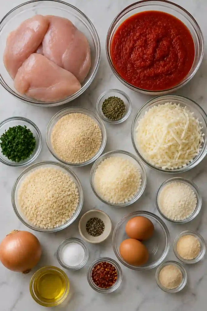 Breaded chicken Parmesan baked with savory tomato sauce, mozzarella and shredded Parmesan. Fresh basil tops the bubbling cheese and crispy golden chicken.