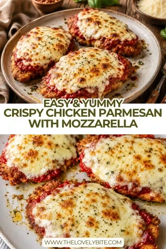 Homemade chicken Parmesan with crispy panko breaded chicken, marinara sauce and bubbling mozzarella cheese. Fresh basil is scattered over the golden chicken cutlets.