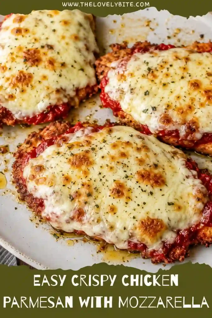 Crispy Chicken Parmesan topped with rich tomato sauce, melted mozzarella and freshly grated Parmesan. Golden breaded chicken edges and fresh basil complete the Italian-American dinner.