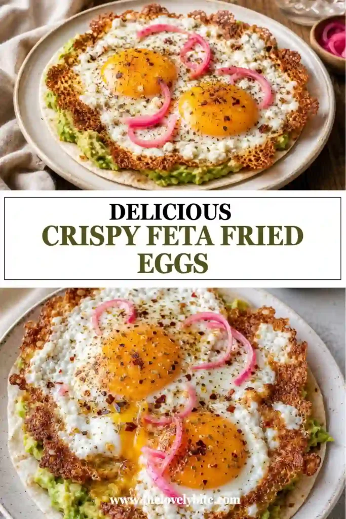 Feta fried egg with a runny golden yolk and crispy cheese edges served over creamy avocado and a toasted tortilla. Pickled red onions and chili flakes add color.