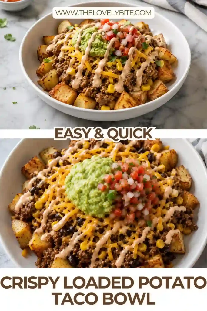 A crispy loaded potato taco bowl filled with golden roasted potato chunks, seasoned ground beef, and sweet corn. Cheddar cheese, guacamole, pico de gallo, and sour cream add colorful layers of flavor.