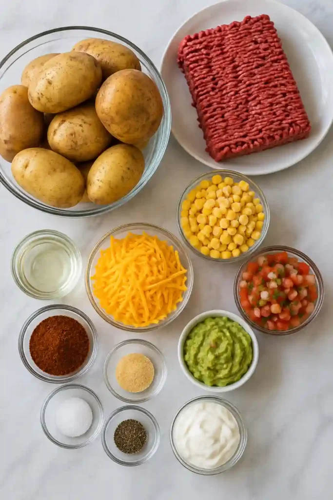A ground beef taco bowl layered with golden crispy potatoes and sweet corn. Colorful taco toppings including cheddar, guacamole, pico de gallo, and sour cream finish the dish.