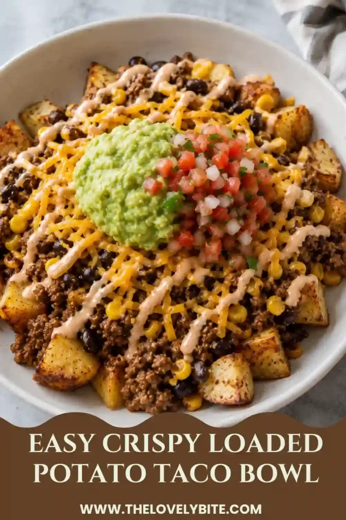 A loaded potato bowl featuring crisp roasted potatoes, savory taco-seasoned ground beef, and sweet corn. Fresh pico de gallo, creamy guacamole, cheddar, and sour cream complete the meal.