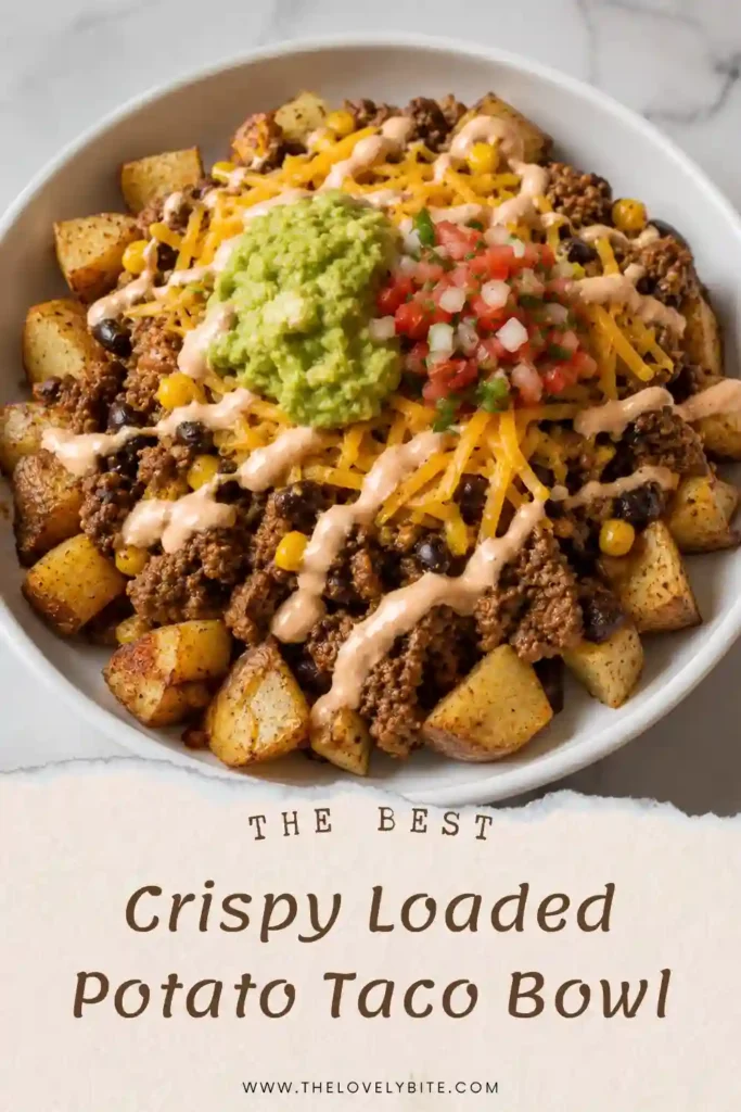 A taco potato bowl made with crispy roasted potatoes, seasoned ground beef, and corn. The bowl is finished with cheddar cheese, guacamole, pico de gallo, and sour cream.