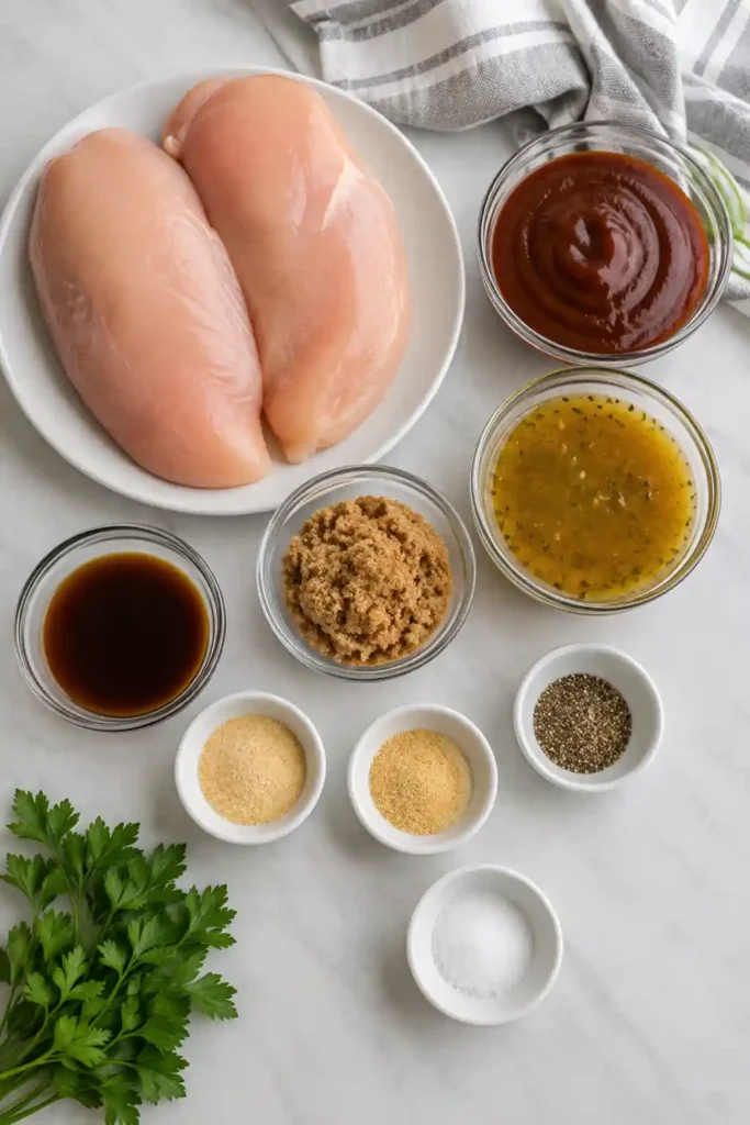 Tender crockpot BBQ chicken shredded into juicy pieces and coated in a glossy barbecue sauce. This easy pulled chicken is served warm and ready for sandwiches or family dinner.