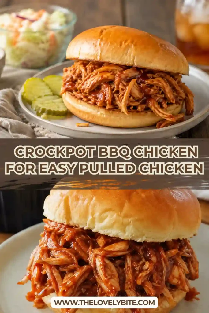 Easy pulled chicken made in a slow cooker with barbecue sauce and seasonings. The shredded BBQ chicken is tender, flavorful, and perfect for serving on toasted buns.