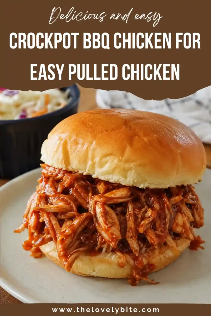 Homemade crockpot BBQ chicken with tender pulled chicken covered in flavorful barbecue sauce. This easy pulled chicken recipe is ideal for sandwiches, meal prep, and weeknight dinners.