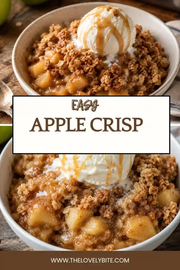 Freshly baked Old Fashioned Apple Crisp in a baking dish with a crisp golden topping and soft cinnamon apples. A classic homemade dessert ready to enjoy.