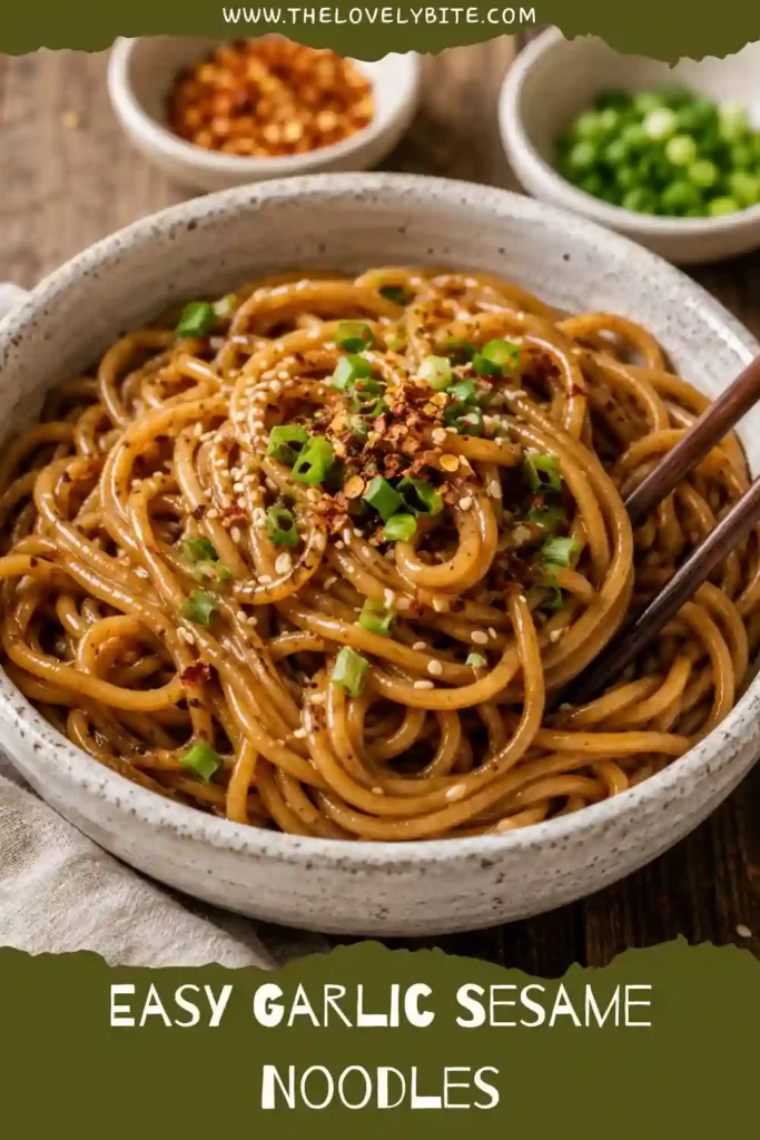 Brown rice Garlic Sesame Noodles served with a creamy sesame garlic sauce and spicy sriracha. Chopped scallions, peanuts, and red pepper flakes garnish the finished noodle bowl.