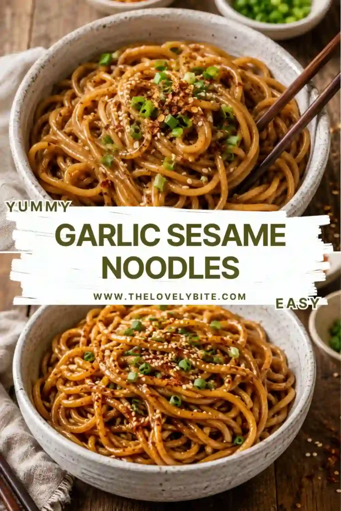 Easy sesame noodles tossed with a savory garlic, soy sauce, tahini, and sesame oil dressing. Fresh green onions and crushed peanuts add color and crunchy texture.
