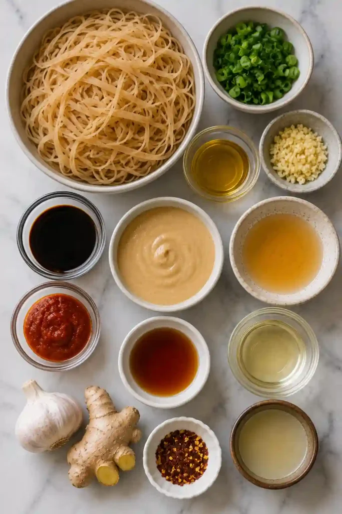 Sesame garlic noodles coated in a rich, glossy sauce made with tahini, toasted sesame oil, soy sauce, and fresh garlic. A colorful topping of scallions and crushed peanuts finishes the dish.