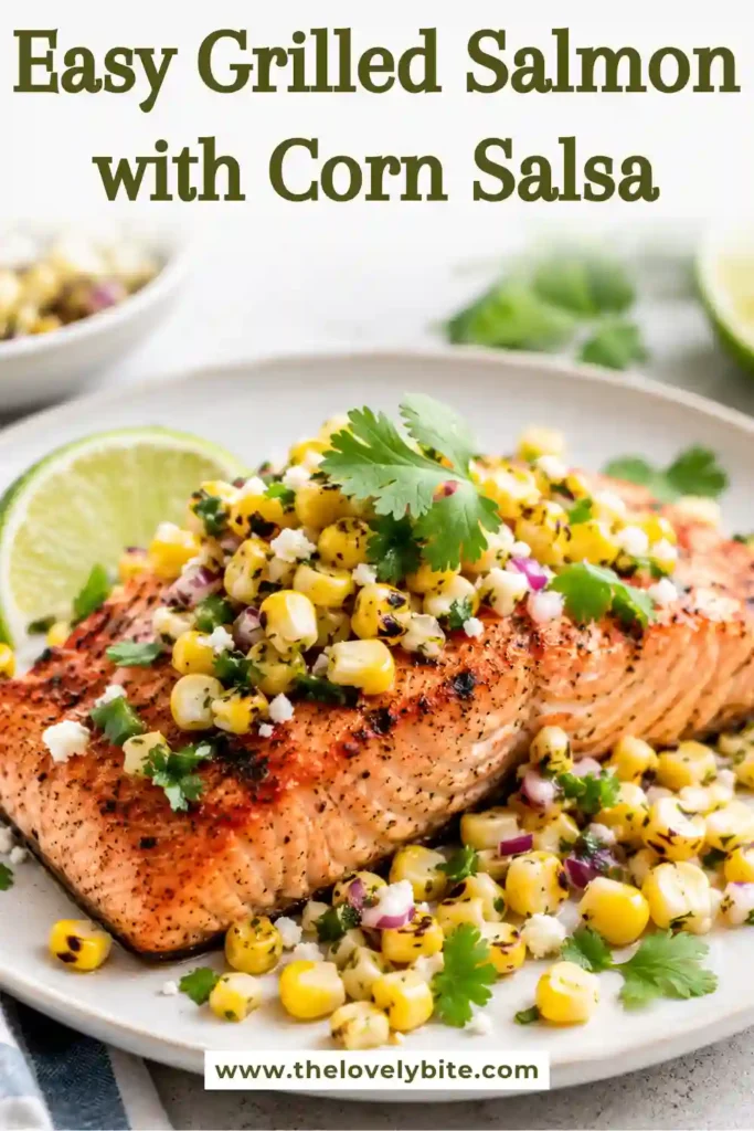 Easy Grilled Salmon with Corn Salsa served on a plate with juicy grilled salmon topped with charred sweet corn, cilantro, cotija cheese, and fresh lime. This healthy grilled salmon recipe is perfect for summer dinners.