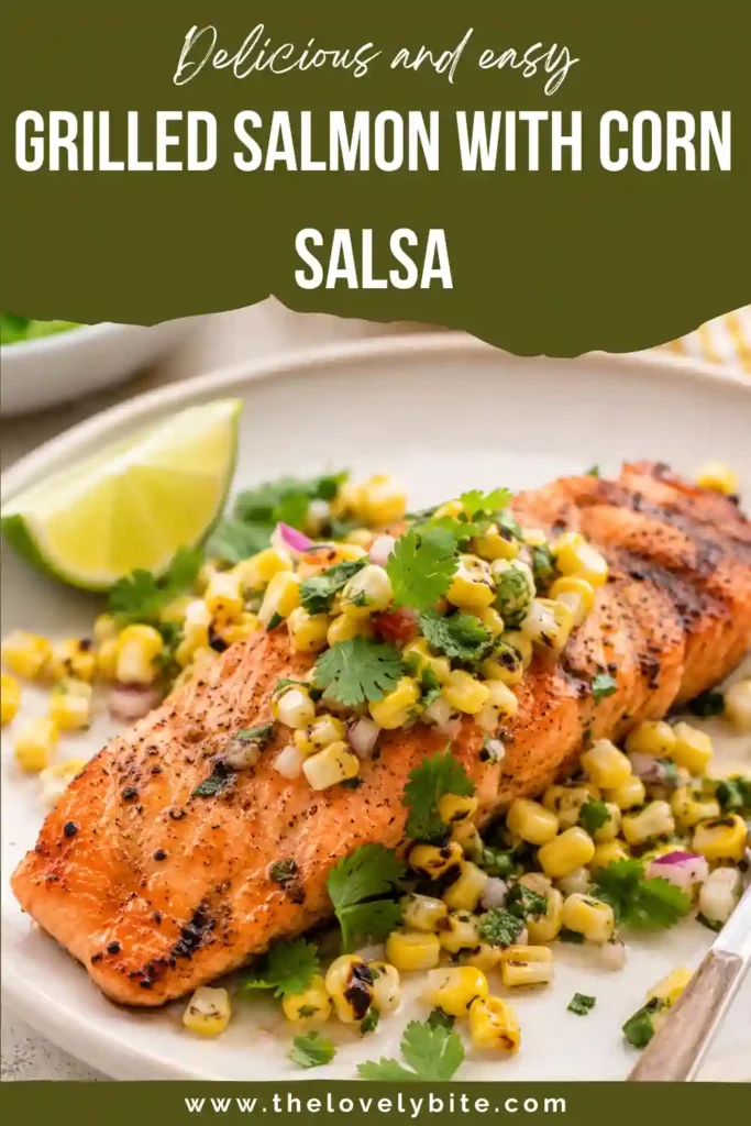 A perfectly grilled salmon fillet topped with fresh corn salsa made from grilled corn, cilantro, green onions, and cotija cheese. A colorful and easy seafood recipe for warm-weather meals.