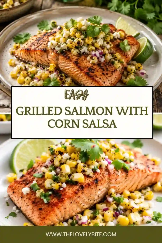 Healthy grilled salmon served with smoky corn salsa featuring fresh lime, herbs, and crumbled cotija cheese. This grilled fish recipe is packed with fresh summer flavors.