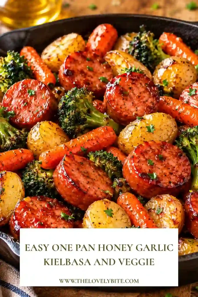 Roasted beef kielbasa and vegetables coated in sweet and savory honey garlic sauce. This easy sheet pan dinner includes baby potatoes, broccoli, peppers and carrots.