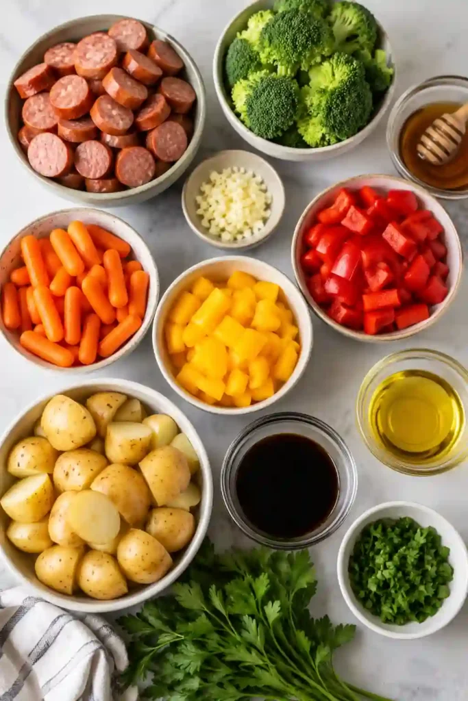 One pan honey garlic sausage with golden potatoes and colorful roasted vegetables. Beef kielbasa, broccoli and bell peppers create an easy family sheet pan dinner.