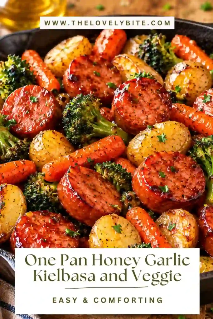 Honey garlic kielbasa sheet pan dinner with tender potatoes, roasted broccoli, red and yellow peppers and carrots. A colorful one pan sausage and vegetables meal.