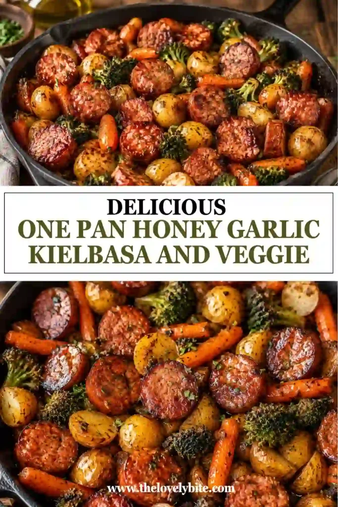 Easy One Pan Honey Garlic Kielbasa and Veggies with roasted baby potatoes, broccoli, carrots and colorful bell peppers. The sausage and vegetables are coated in a glossy honey garlic sauce.