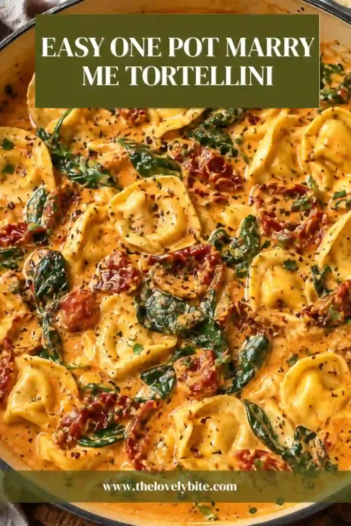 One pot cheese tortellini in a creamy sun-dried tomato and Parmesan sauce. Fresh basil and red chili flakes add color to the comforting vegetarian pasta.