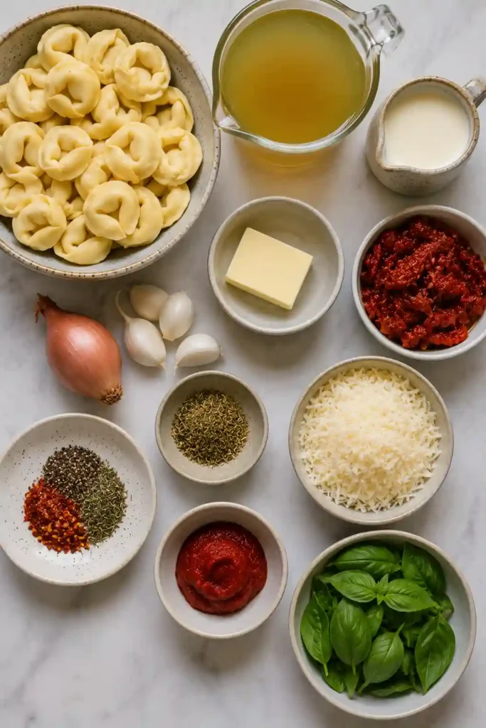 One-Pot Marry Me Tortellini served in a skillet with creamy garlic Parmesan sauce, sun-dried tomatoes and basil. The tender filled pasta is coated in a rich pink-orange sauce.