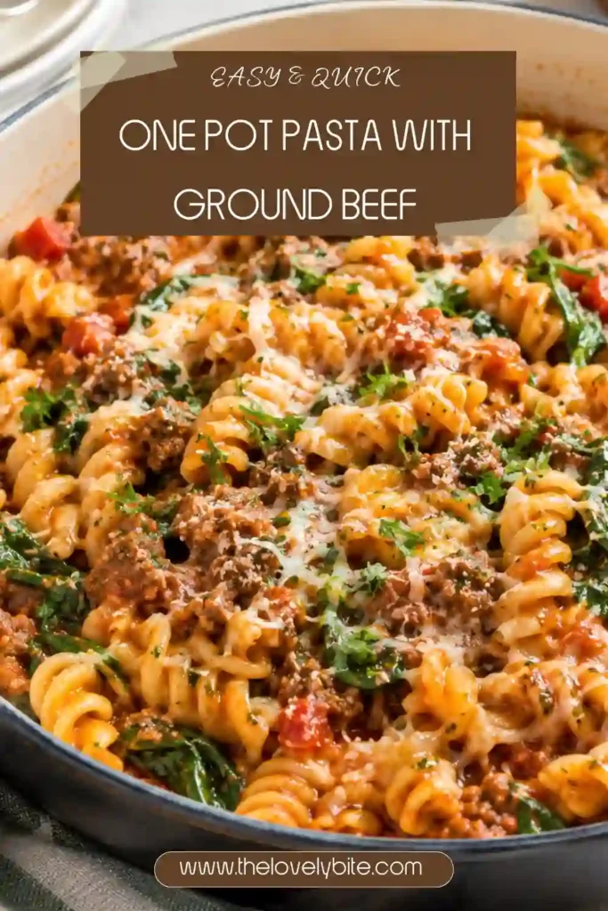 One pot ground beef pasta served with rotini, tomato marinara sauce, wilted spinach, and grated Parmesan. The colorful pasta is hearty, saucy, and perfect for an easy family dinner.