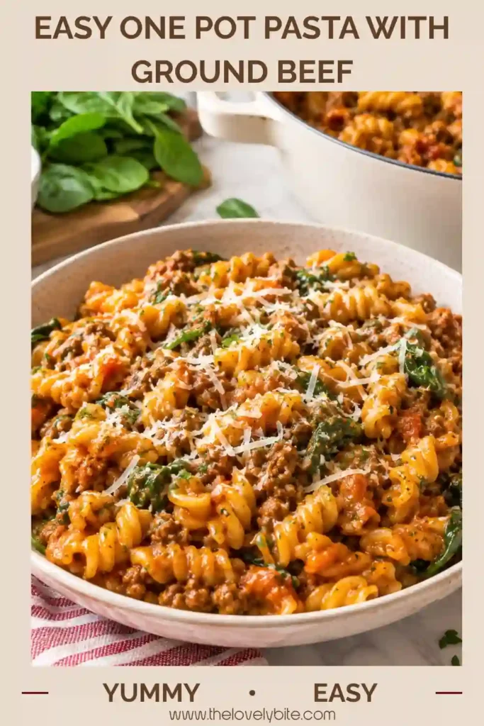 A close-up serving of easy ground beef pasta with rotini, marinara sauce, spinach, and Parmesan cheese. The pasta is tender and coated in a flavorful tomato sauce.