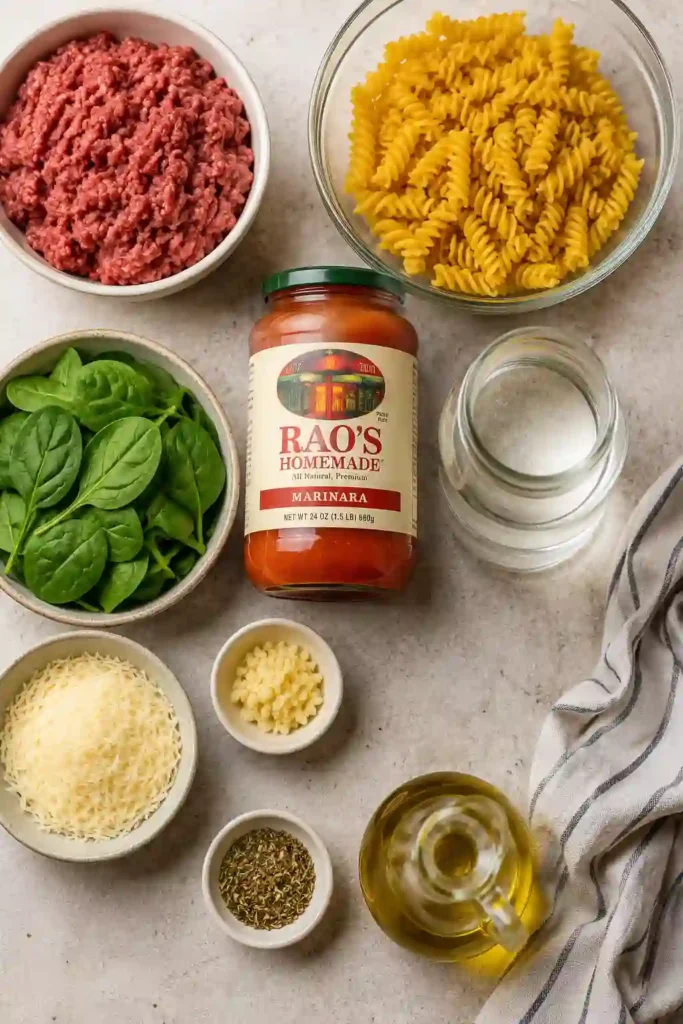A bowl of easy one pot pasta with ground beef featuring rotini, marinara sauce, fresh spinach, and Parmesan cheese. The hearty pasta has a rich tomato sauce and savory ground beef throughout.