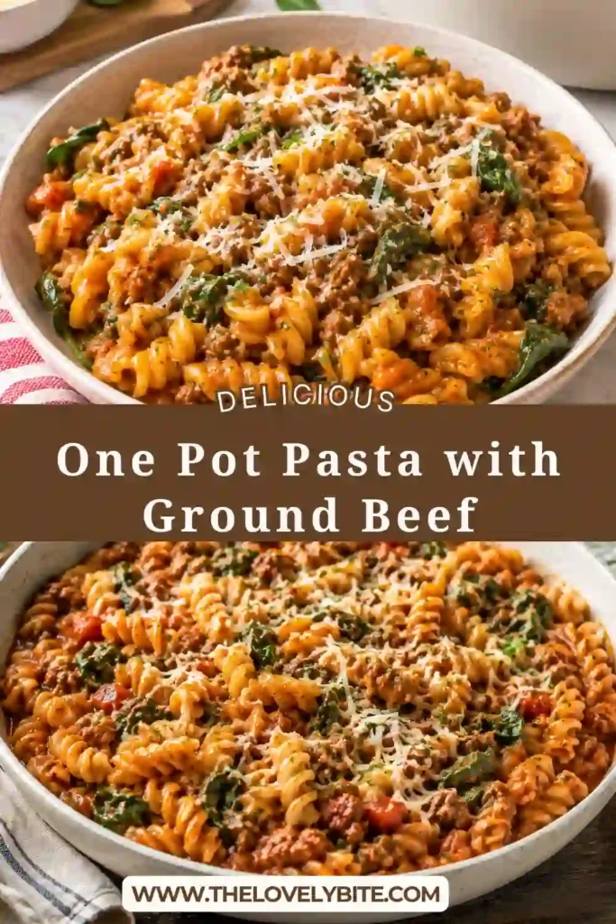 Homemade easy one pot pasta with ground beef served warm in a bowl with spinach and Parmesan. The short-cut pasta is coated in a rich tomato sauce for a cozy family meal.