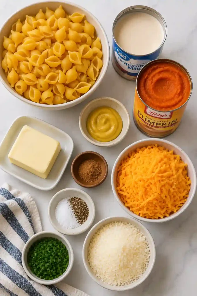 Easy fall mac and cheese featuring tender pasta shells coated in a smooth pumpkin and cheddar cheese sauce. Parmesan and chives add a savory finishing touch.
