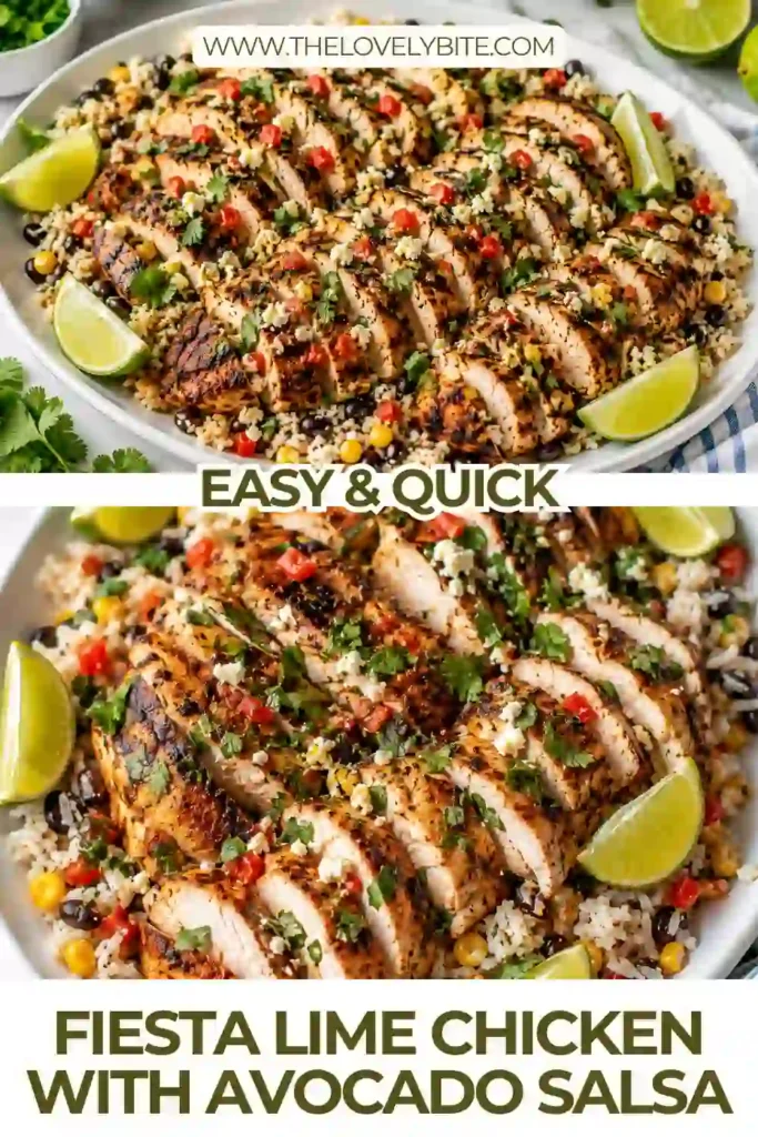 Grilled lime chicken served with chunky avocado salsa filled with sweet corn, cherry tomatoes, red onion, bell pepper, and jalapeño. Fresh lime wedges and cilantro complement the colorful chicken dinner.