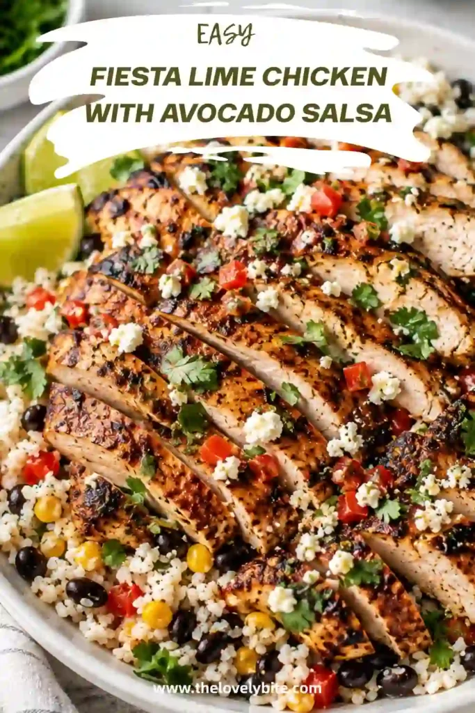 Fiesta Lime Chicken served on a plate with fresh avocado corn salsa and lime wedges. The juicy chicken is coated in a flavorful chili, cumin, garlic, and smoked paprika rub.