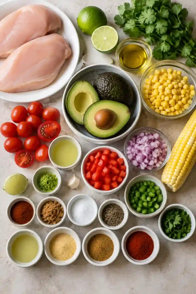 Juicy Fiesta Lime Chicken sliced and topped with colorful avocado corn salsa made with avocado, tomatoes, sweet corn, peppers, and cilantro. The chicken has a golden, smoky crust with fresh lime served alongside.