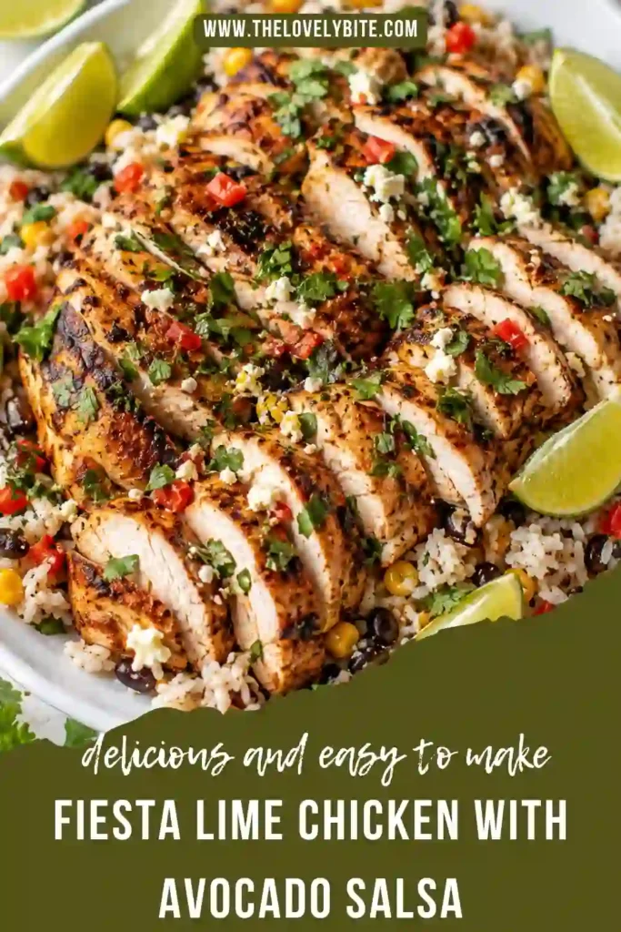 Chicken with avocado salsa featuring seasoned chicken breast topped with creamy avocado, corn, tomatoes, red bell pepper, jalapeño, and cilantro. Fresh lime brings a bright citrus flavor to this colorful meal.