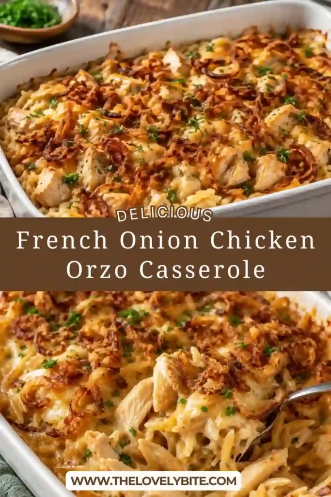 Creamy French onion chicken orzo topped with melted mozzarella and fresh thyme in an oven-safe skillet. Golden caramelized onions add rich flavor to this cheesy chicken orzo casserole.