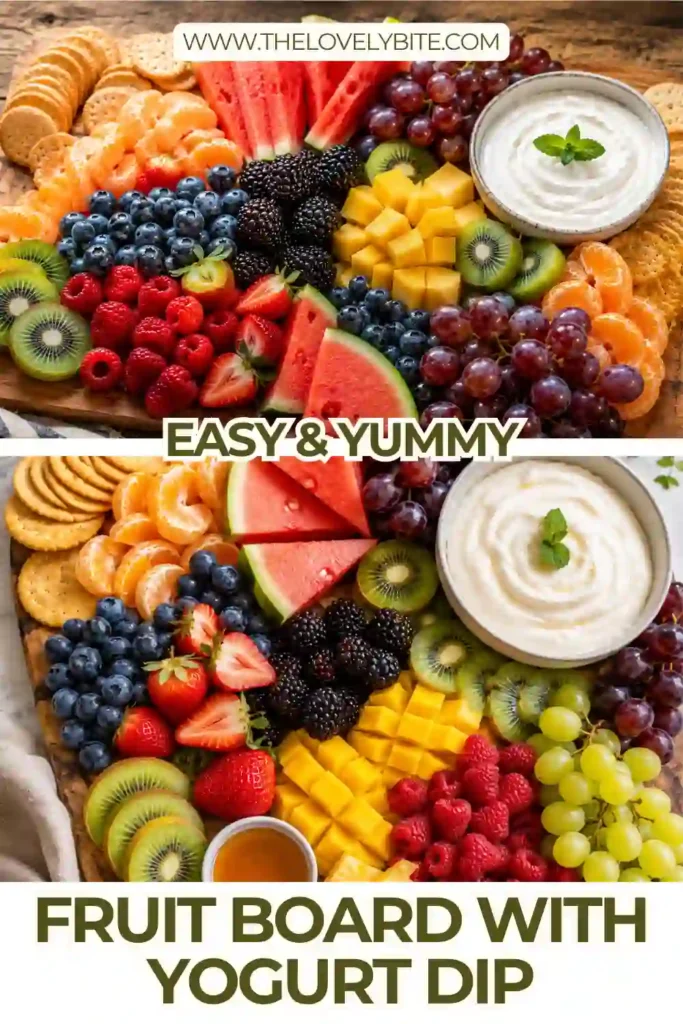 A colorful Fruit Board with Yogurt Dip featuring watermelon, berries, grapes, pineapple, mango, and citrus fruits beautifully arranged around a creamy Greek yogurt dip. This healthy fruit platter is perfect for brunches, parties, and holiday entertaining.